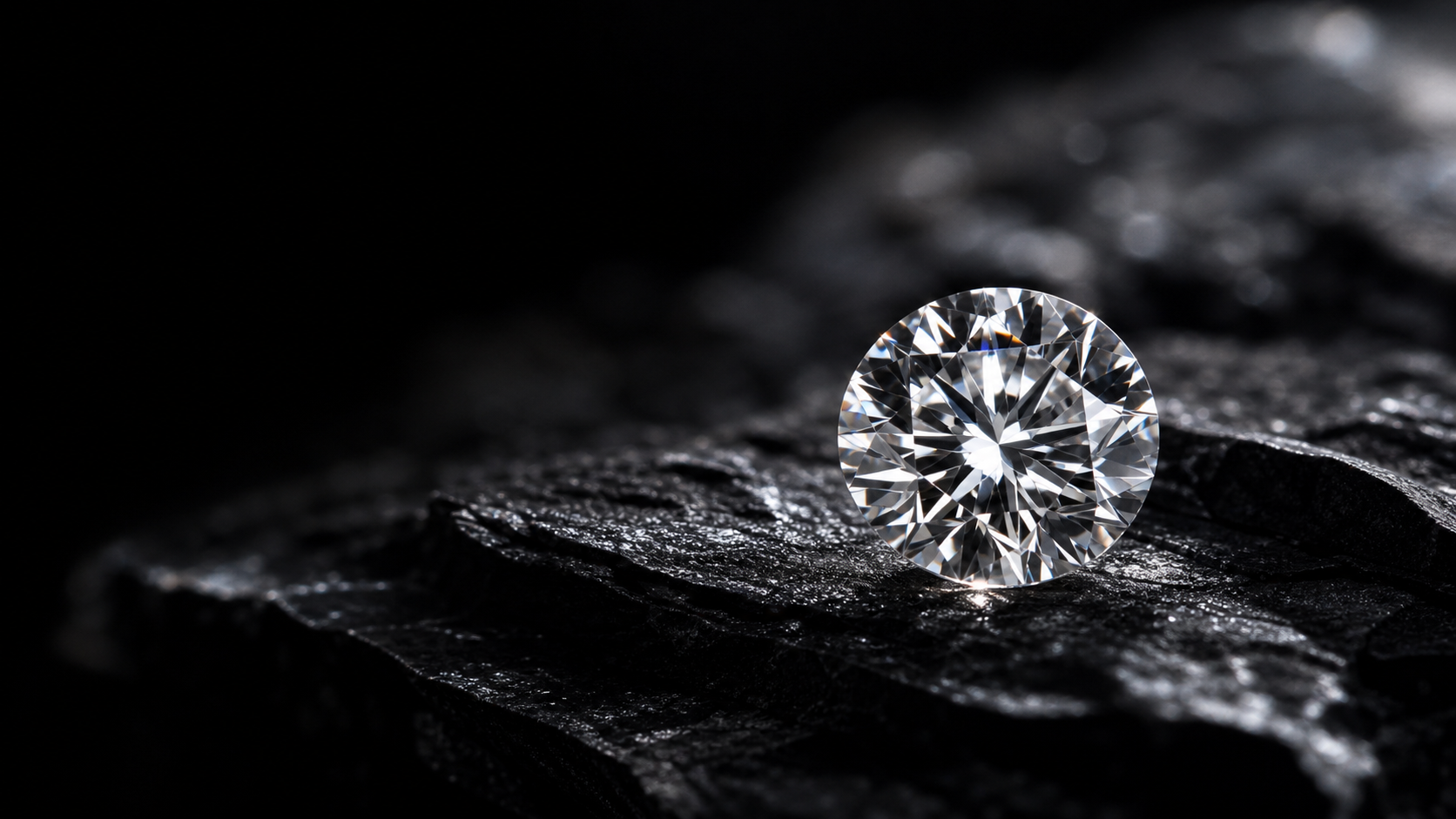A single brilliant diamond resting on dark stone