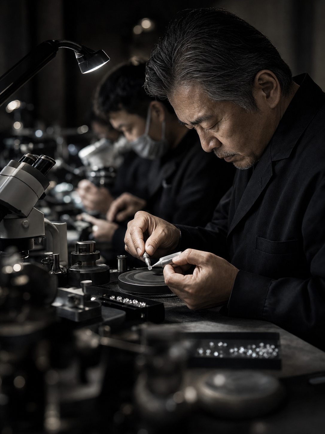 Diamond polishing artisans working at a lit bench