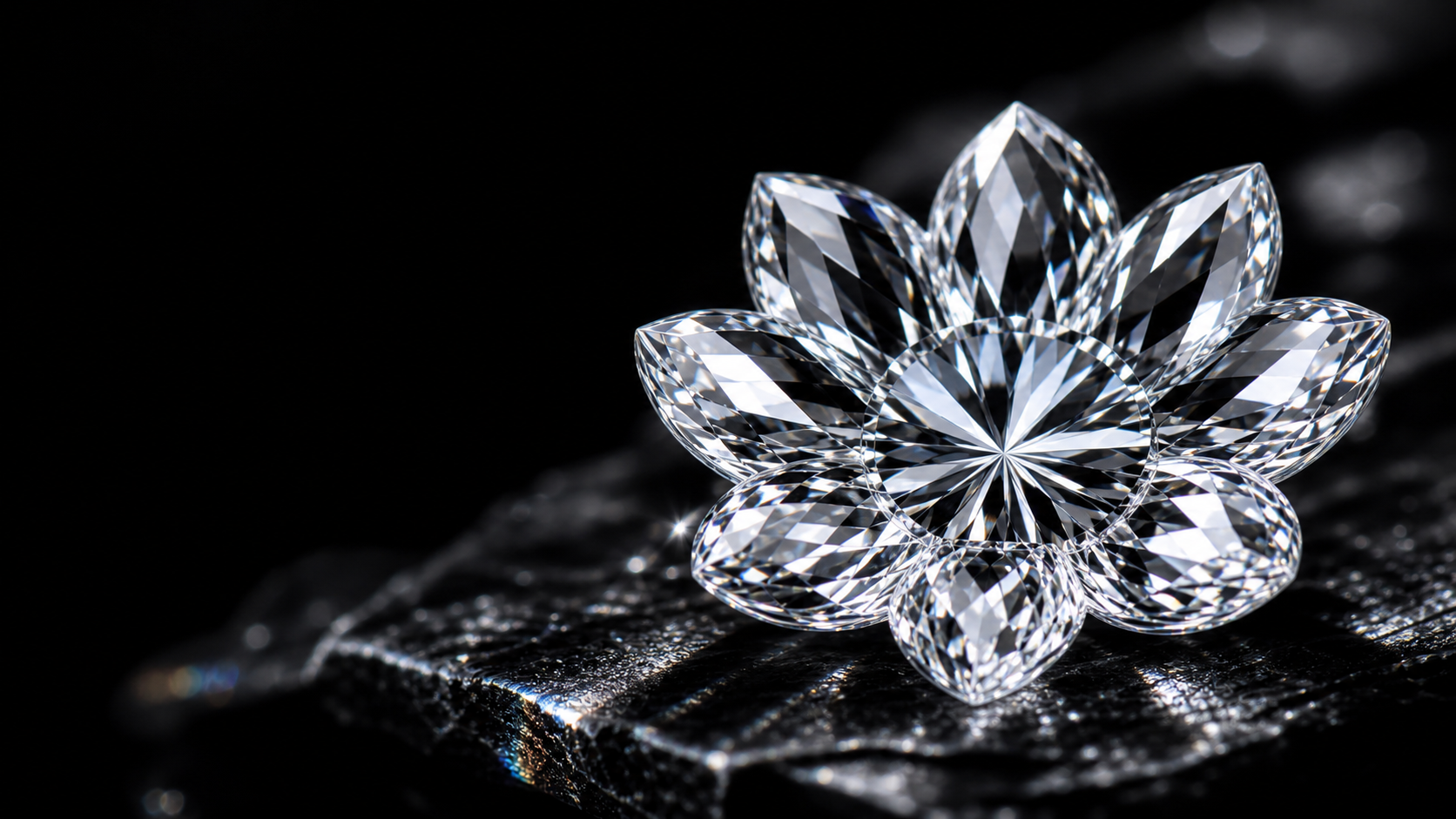 A sculptural flower-cut diamond refracting light