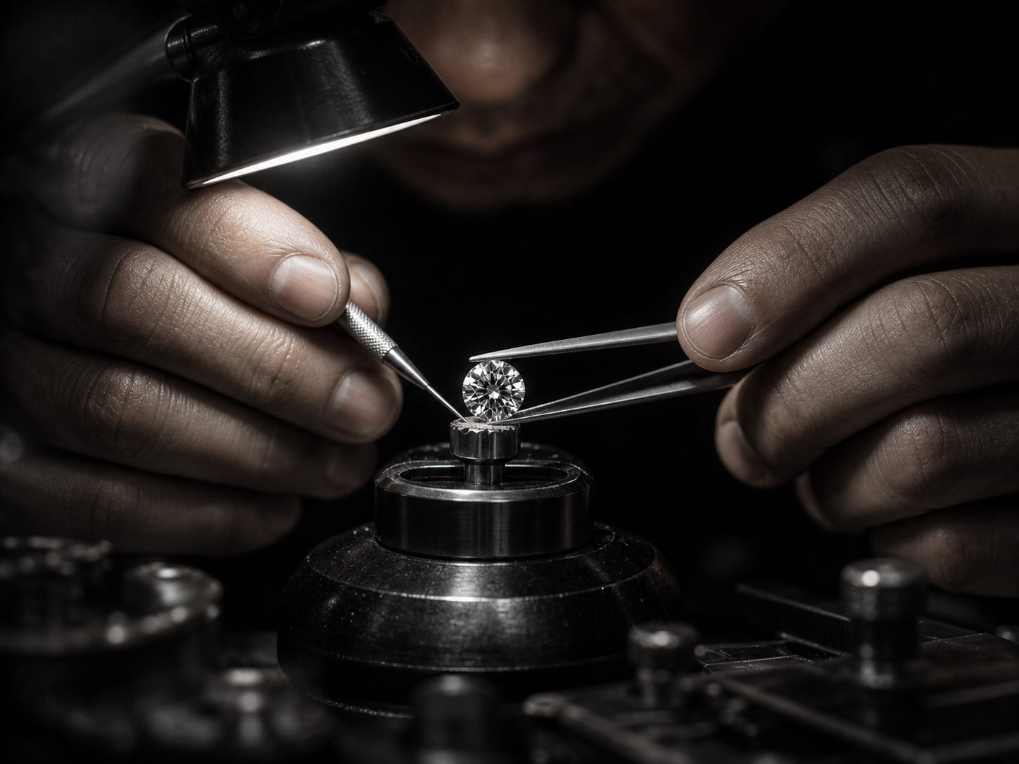 A craftsman's hands setting a diamond