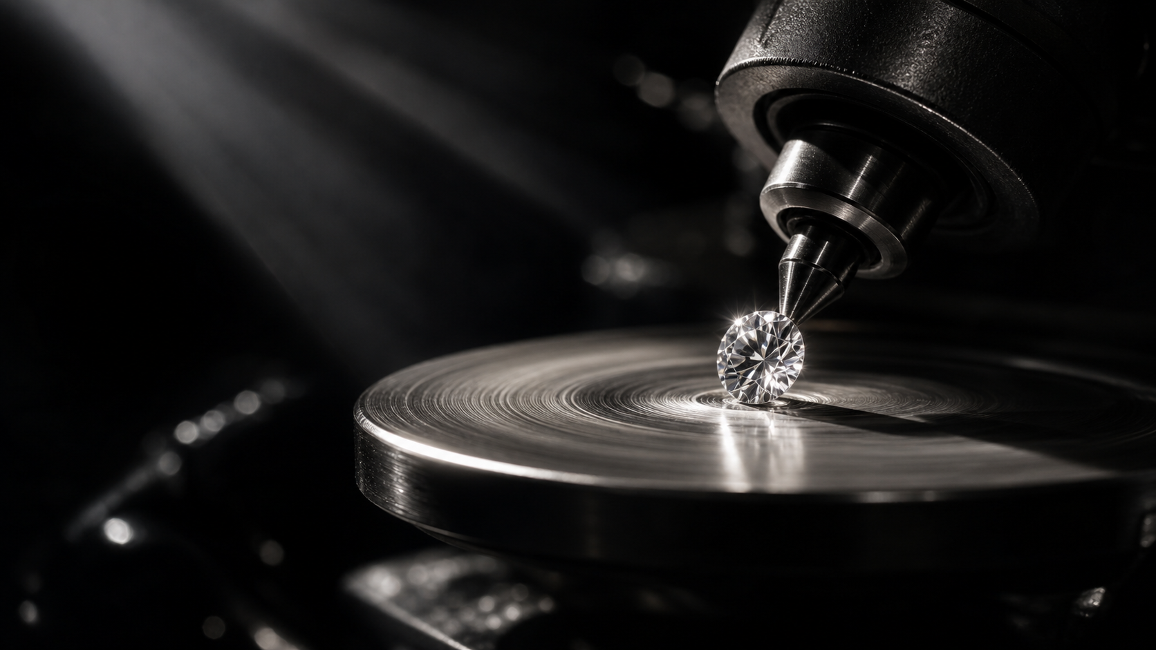 A diamond mid-polish on a wheel with beams of light