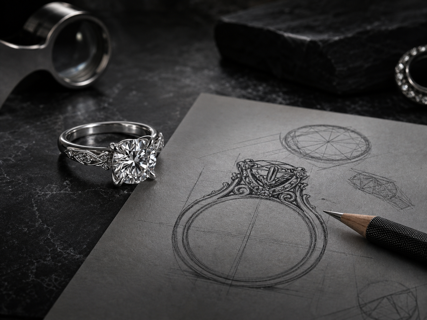 A diamond ring beside a jewelry design sketch